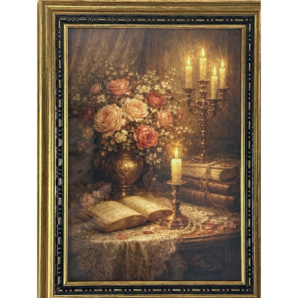 Floral Still Life Print Candles Roses 5x7 Ornate Gold Black Frame 7x9 Decor - Picture 4 of 7